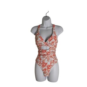 NWT Al'mage Women's Orange White Floral Slimming One Piece Swimsuit.  Si…